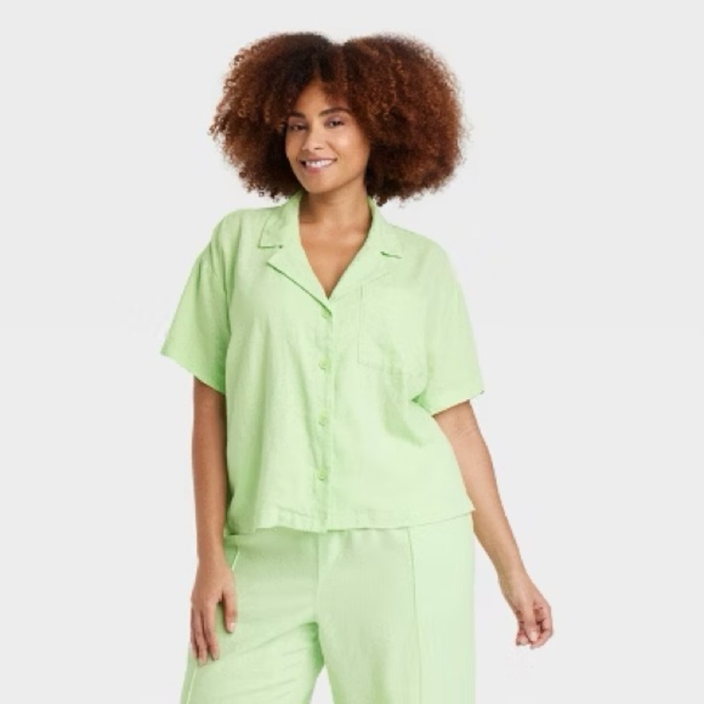 NWT A New Day Short Sleeve Womens Top Green 55% Linen & 45% Rayon - Picture 3 of 6